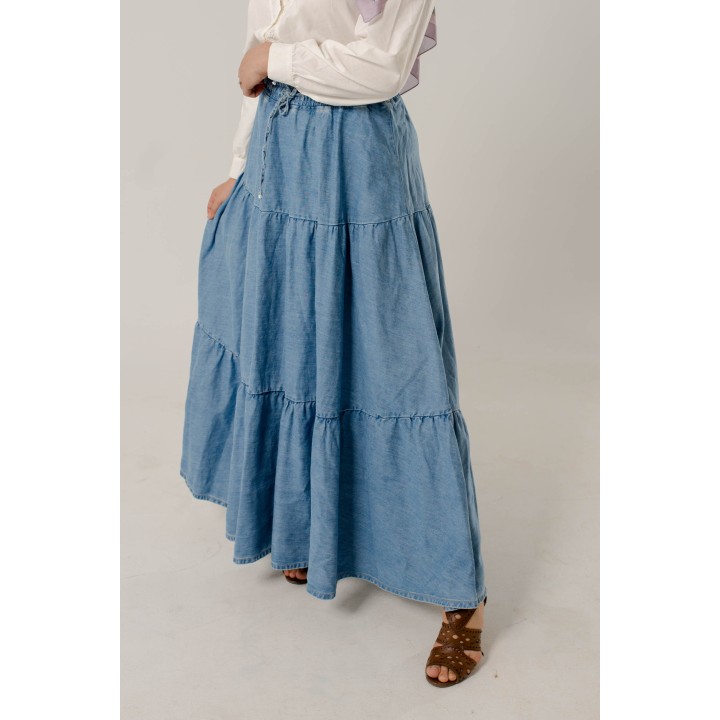 Jupe Longue en Denim – Froncée & Taille Élastique