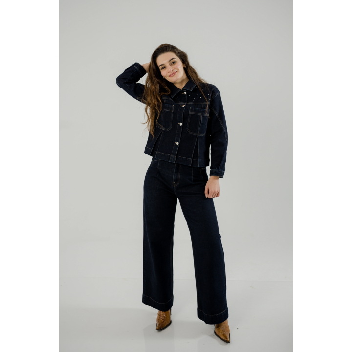 Ensemble Femme en Jean – Veste à Perles & Pantalon Large à Plis