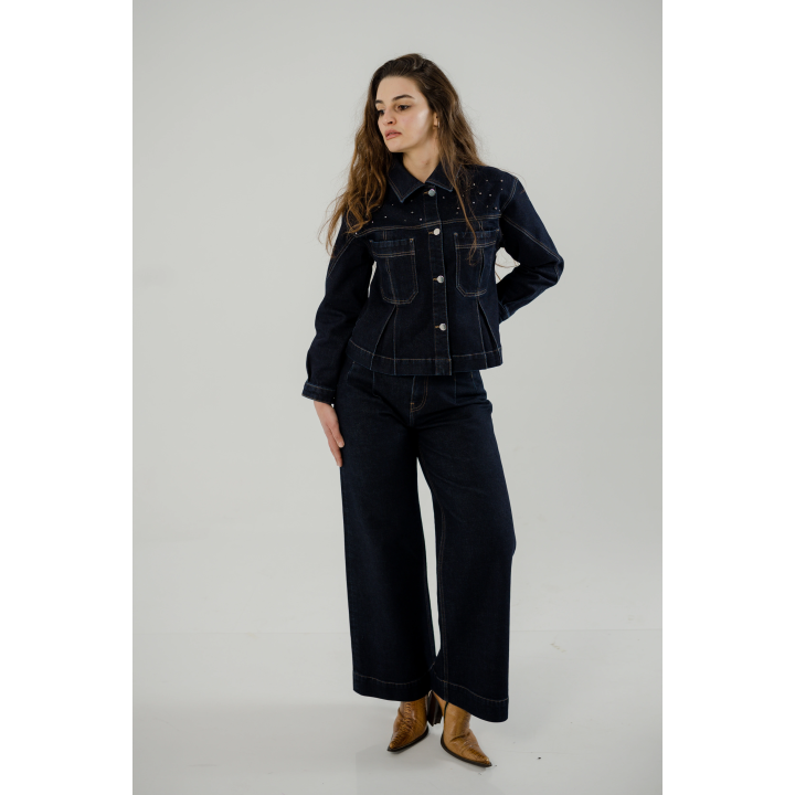 Ensemble Femme en Jean – Veste à Perles & Pantalon Large à Plis