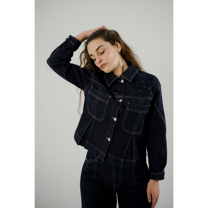 Ensemble Femme en Jean – Veste à Perles & Pantalon Large à Plis