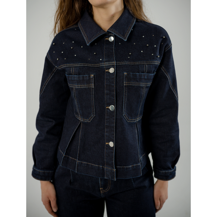 Ensemble Femme en Jean – Veste à Perles & Pantalon Large à Plis