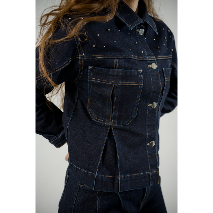 Ensemble Femme en Jean – Veste à Perles & Pantalon Large à Plis
