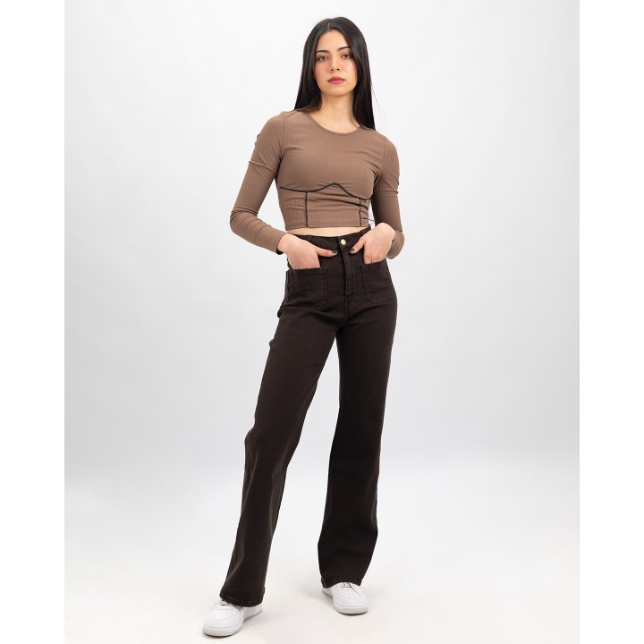 Jean coupe droite super taille haute à poches plaquées