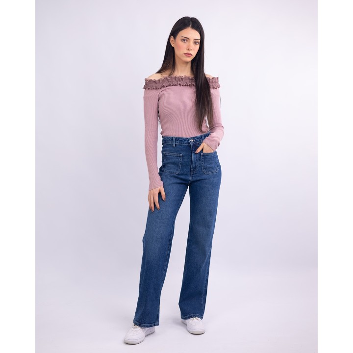 Jean coupe droite super taille haute à poches plaquées