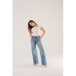 jeans large taille haute à fente  et rivets