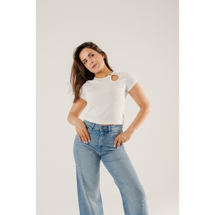 jeans large taille haute à fente  et rivets