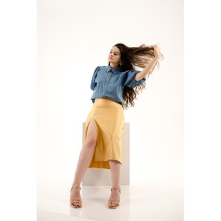 Chemise en jean oversize, coupe longue, manches bouffantes
