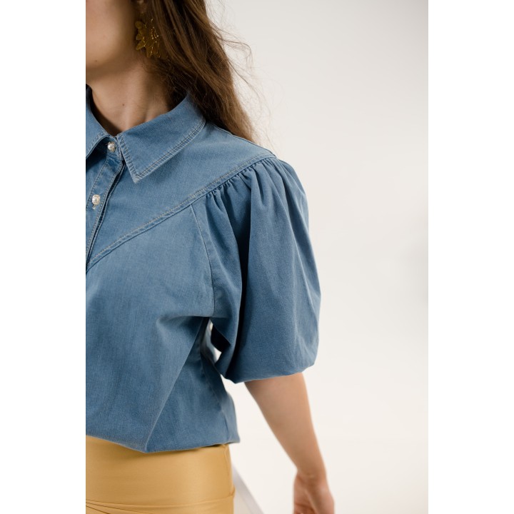 Chemise en jean oversize, coupe longue, manches bouffantes