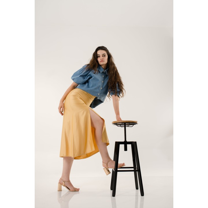 Chemise en jean oversize, coupe longue, manches bouffantes