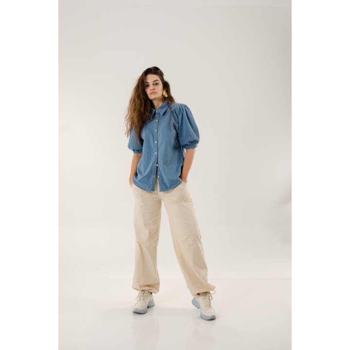 Chemise en jean oversize, coupe longue, manches bouffantes