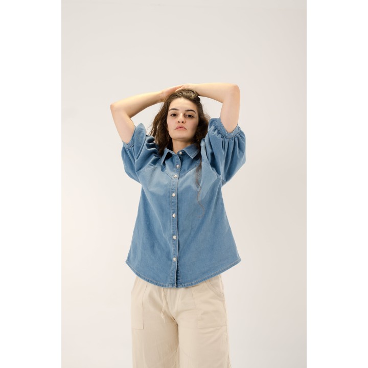 Chemise en jean oversize, coupe longue, manches bouffantes
