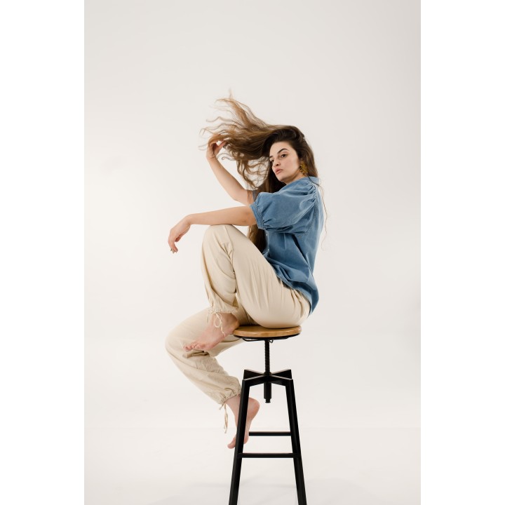 Chemise en jean oversize, coupe longue, manches bouffantes