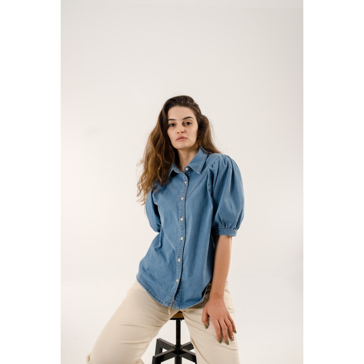 Chemise en jean oversize, coupe longue, manches bouffantes