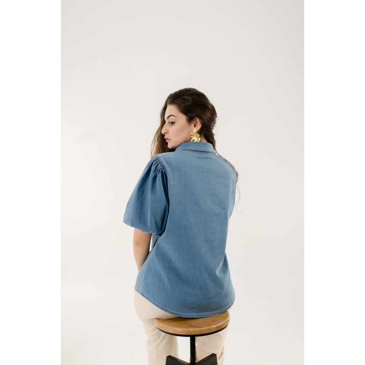 Chemise en jean oversize, coupe longue, manches bouffantes